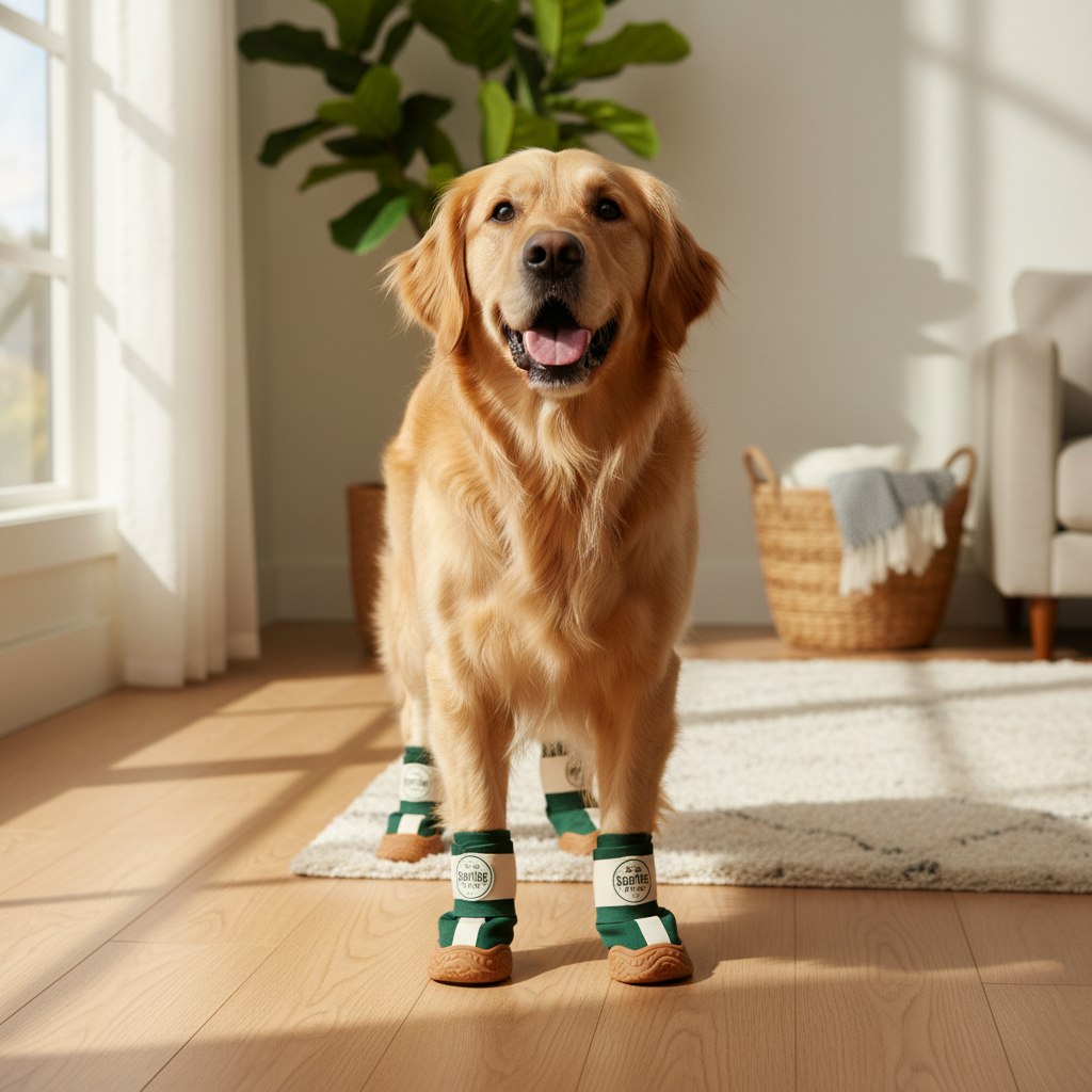 HomeGrip Anti-Slip Dog Booties on golden retriever standing on hardwood floor