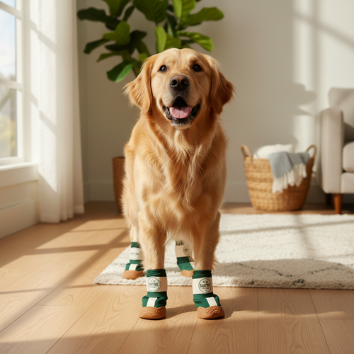 HomeGrip Anti-Slip Dog Booties on golden retriever standing on hardwood floor