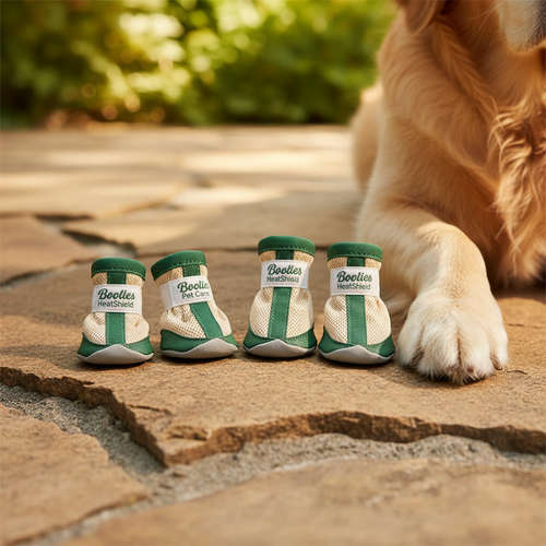 HeatShield Dog Booties on sun-warmed stone surface with dog paw beside them